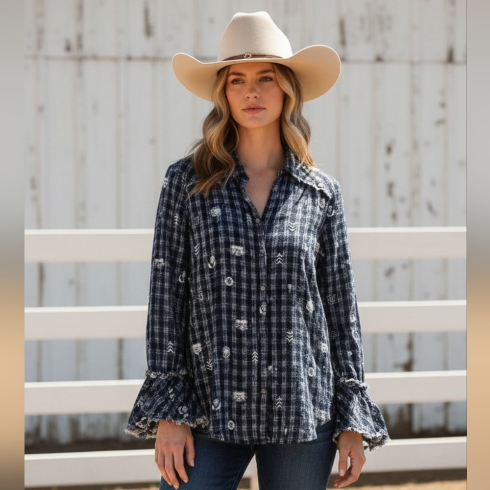 Ryan Michael Blue Plaid Western Embroidered Button Up Blouse Grunge Rock Boho M
